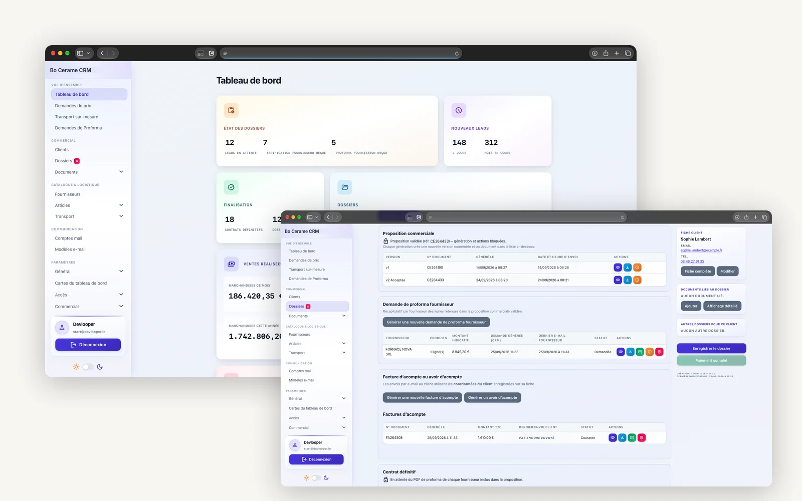 Tableau de bord d'un CRM métier, avec des données de démonstration