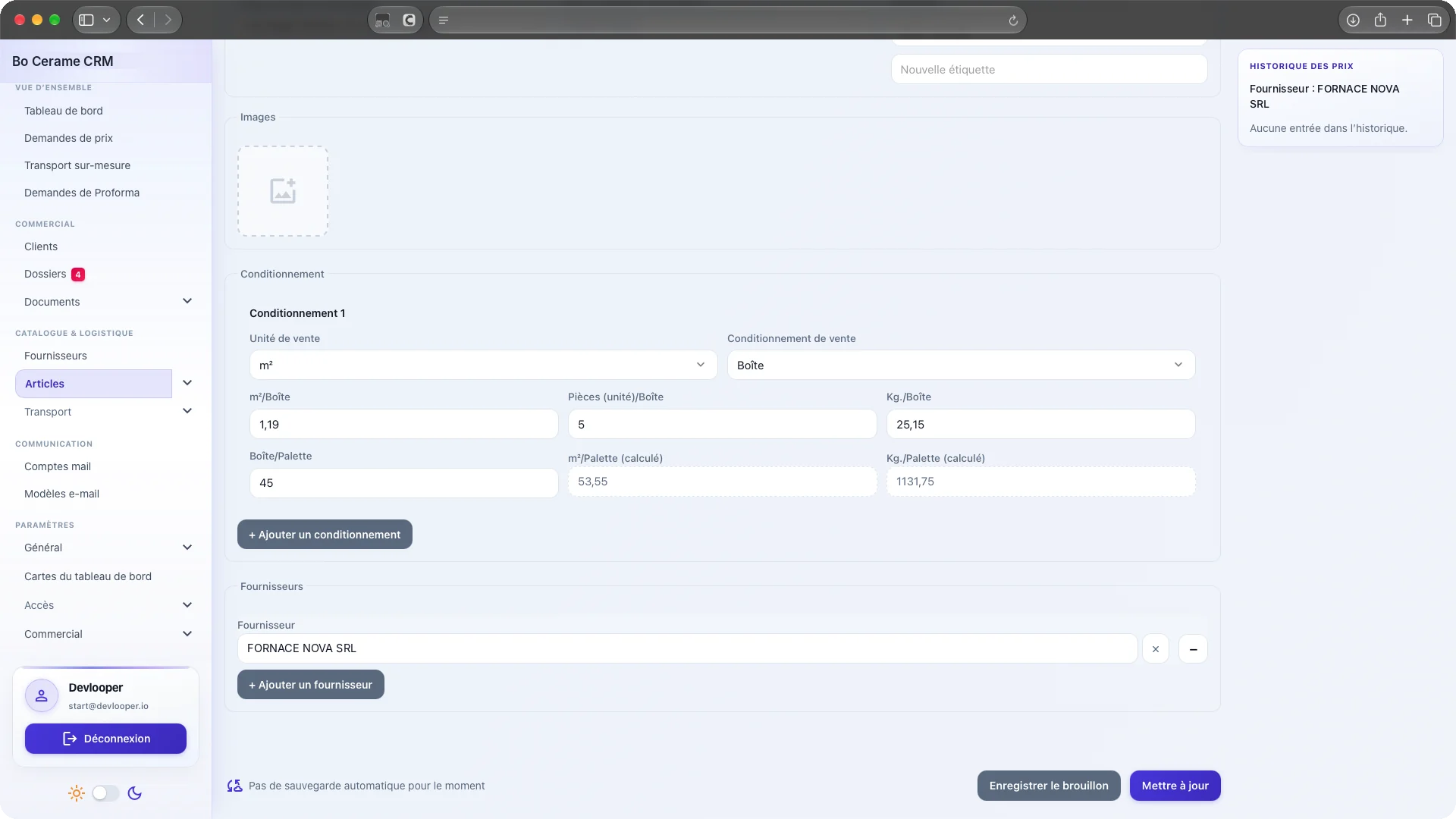 Fiche article : conditionnement m², boîtes, palettes